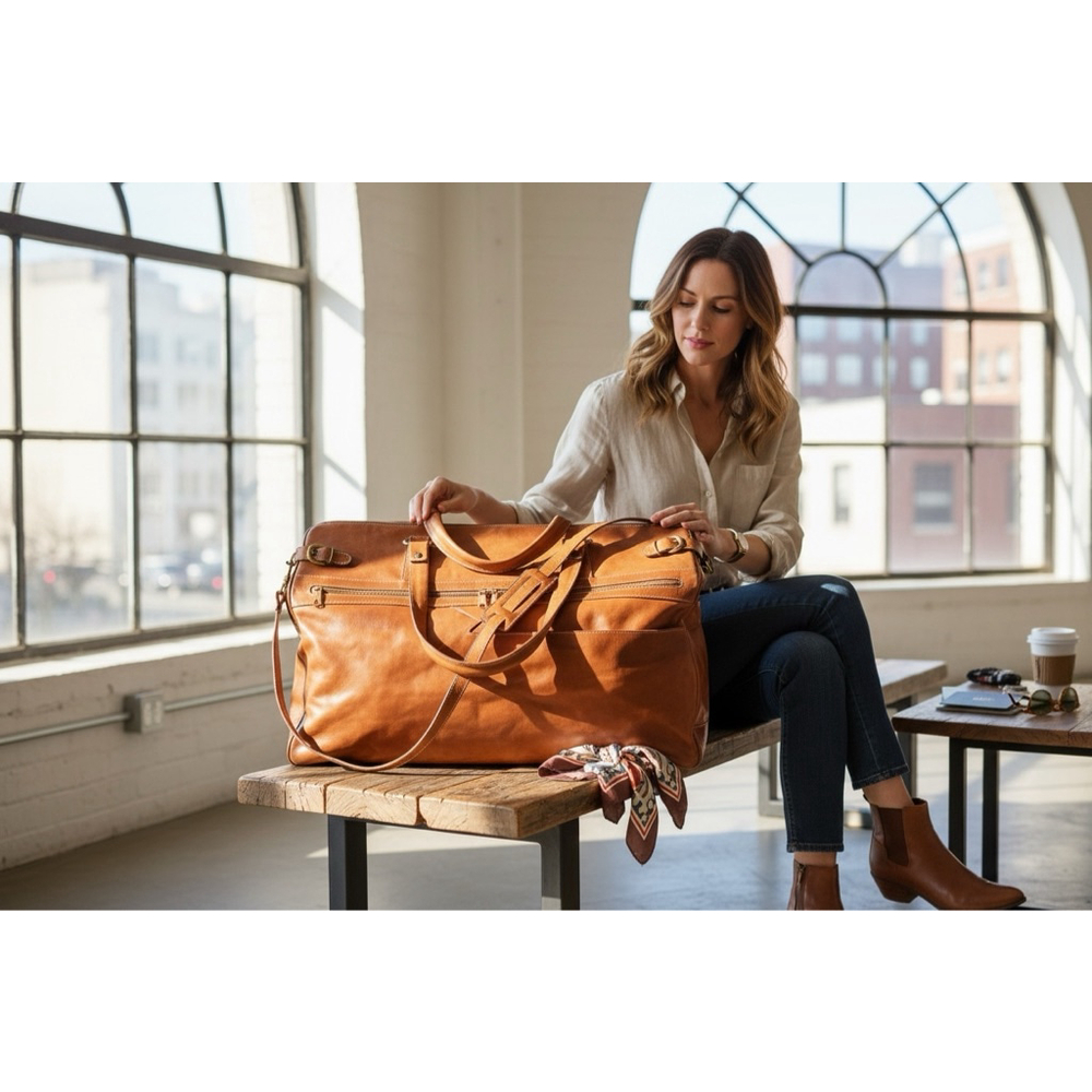 Leather Travel Duffel Bag in Cognac